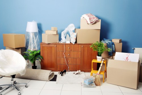 Securely arranged boxes and furniture inside a moving van